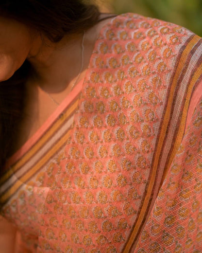Peach Floral Digital Printed Premium Cotton Kota Check Saree