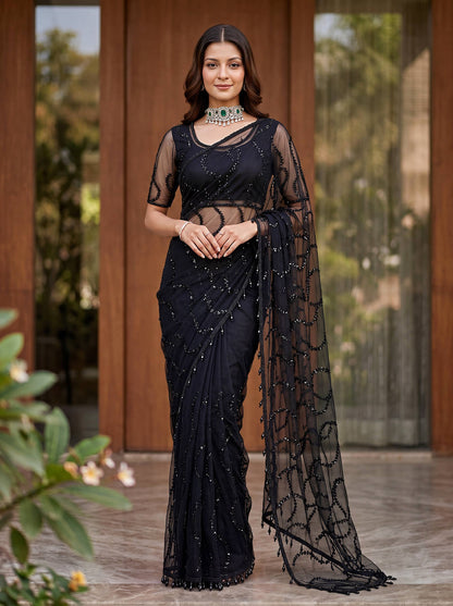 designer Net Embroidered Saree with Beads, Sequins & Pearl Work | Matching Unstitched Blouse