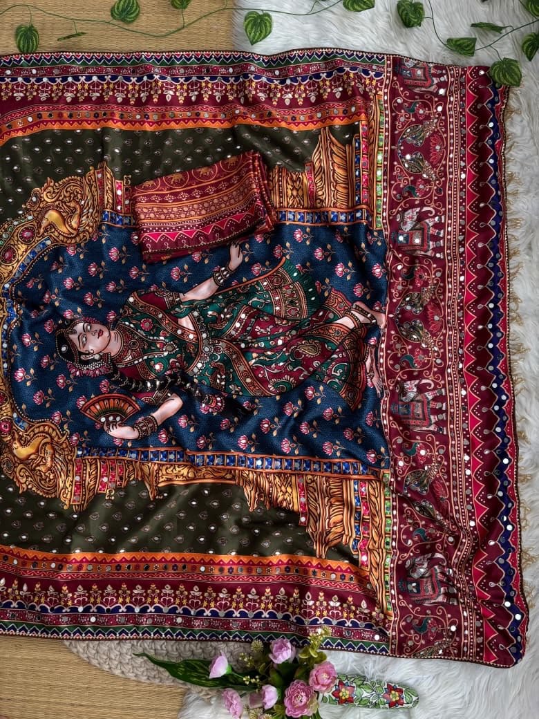 Silk Crepe Printed Saree with Hand Real Mirror Work & Moti Tassels