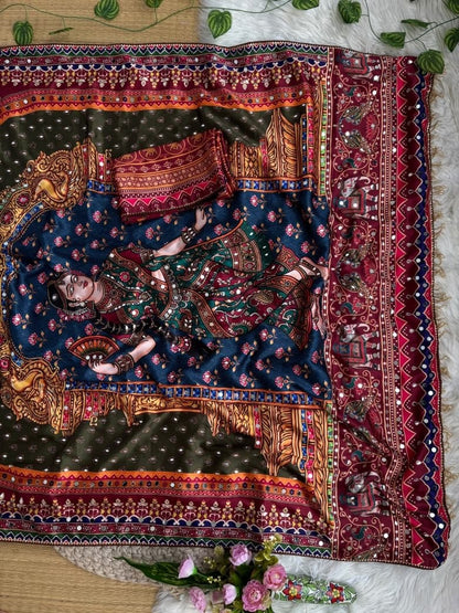 Silk Crepe Printed Saree with Hand Real Mirror Work & Moti Tassels