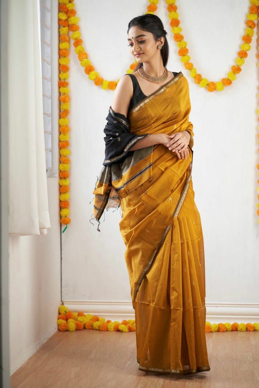 Elegant Soft Linen Slub Saree with Rich Jacquard Weave & Contrast Border Blouse