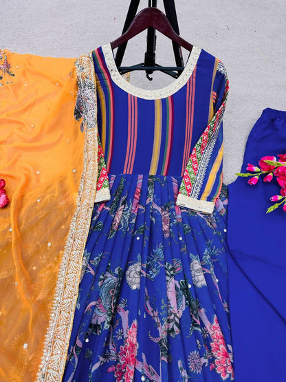 Designer Party Wear Look Digital Print Anarkali Suit With Embroidery Sequence Work With Bottom and Dupatta