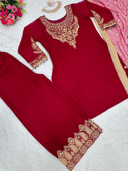 Beautiful Pakistani Embroidered Cherry Red Color 3 Pc Kurta & Palazzo set
