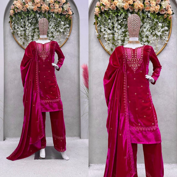 Beautiful Pink Color Heavy Velvet Thread Sequence Work Salwar Suit