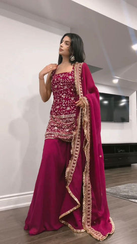 Beautiful Pink Color Georgette Embroidery Palazzo  Salwar Suit