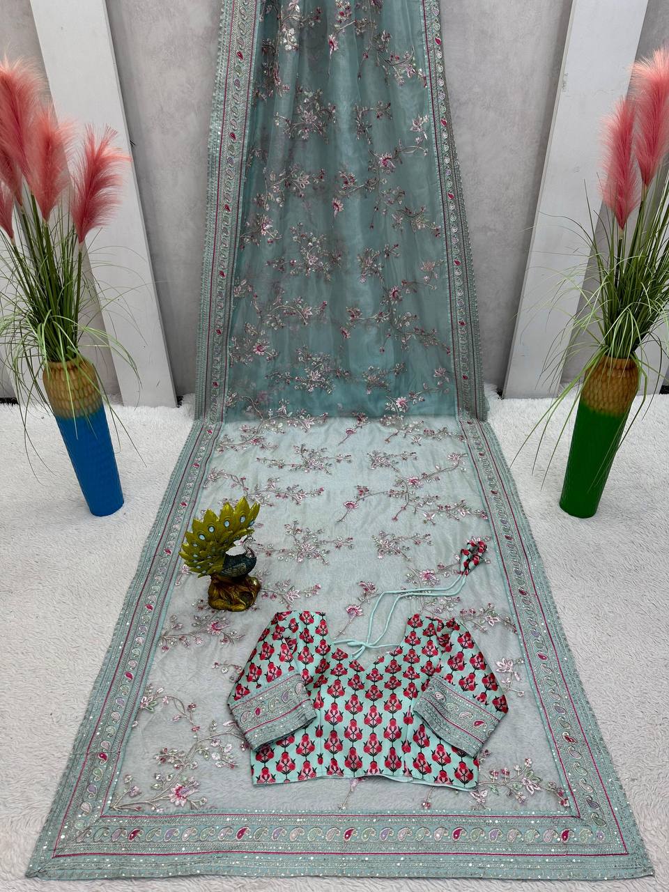Party Wear Sea Green Color Organza Silk Sequence Thread Printed Work Saree Blouse