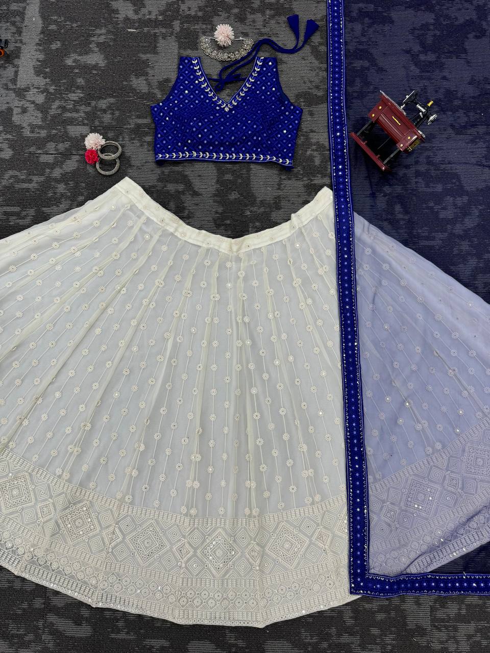 Designer Blue Color Georgette Sequence Work Wedding Wear Lehenga Choli