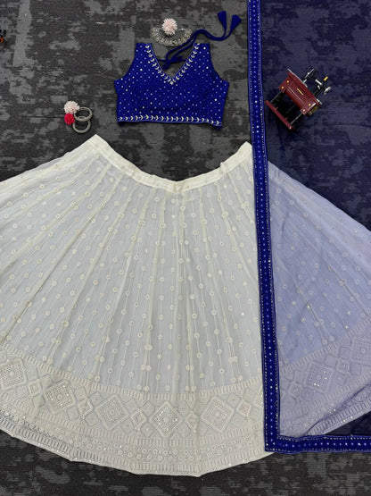 Designer Blue Color Georgette Sequence Work Wedding Wear Lehenga Choli