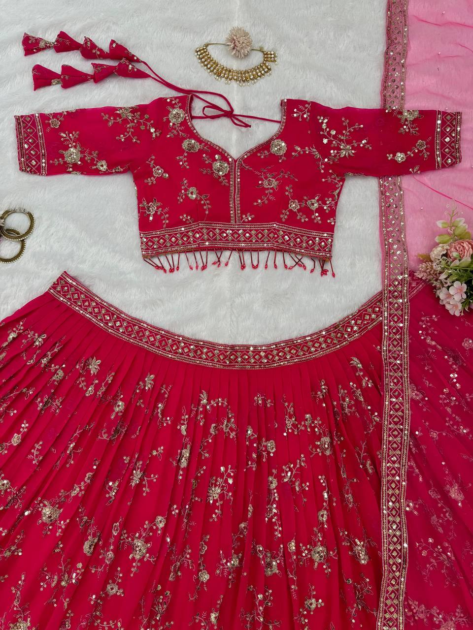 Red Color Georgette Sequence Thread Work Lehenga Choli