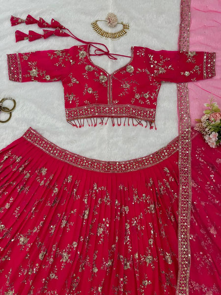 Red Color Georgette Sequence Thread Work Lehenga Choli