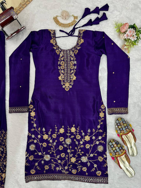 Violet Color Thread Sequence Work Chinon Silk Salwar Suit