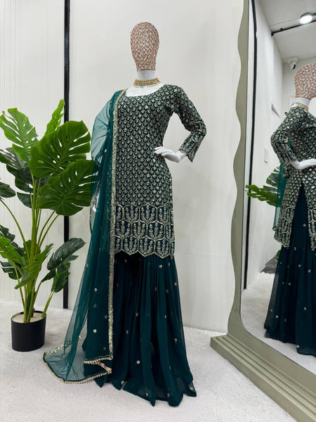 Party Wear Green Color Georgette Sequence Work Sharara Suit