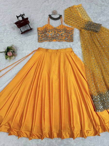 Yellow Color Japan Satin Sequence Thread Work Koti Lehenga Choli