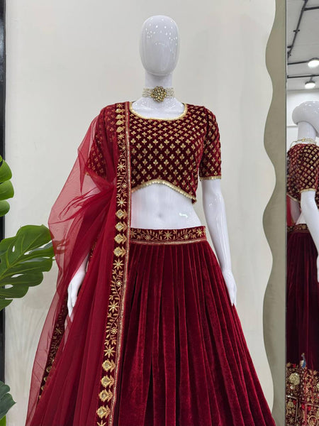 Latest Maroon Wedding Velvet Lehenga For Women