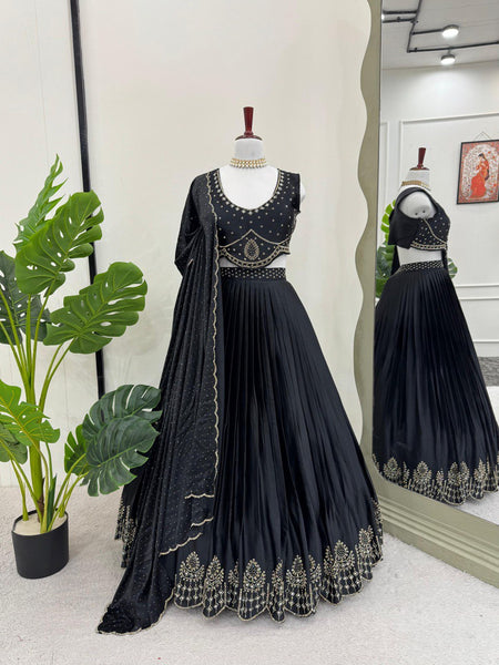 Black Satin Silk Real Mirror Work Lehenga Choli