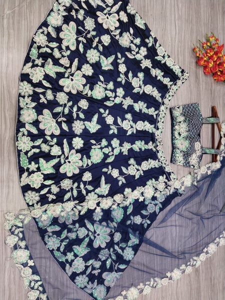 Blue Color Embroidered Sequence Silk Georgette Lehenga Choli