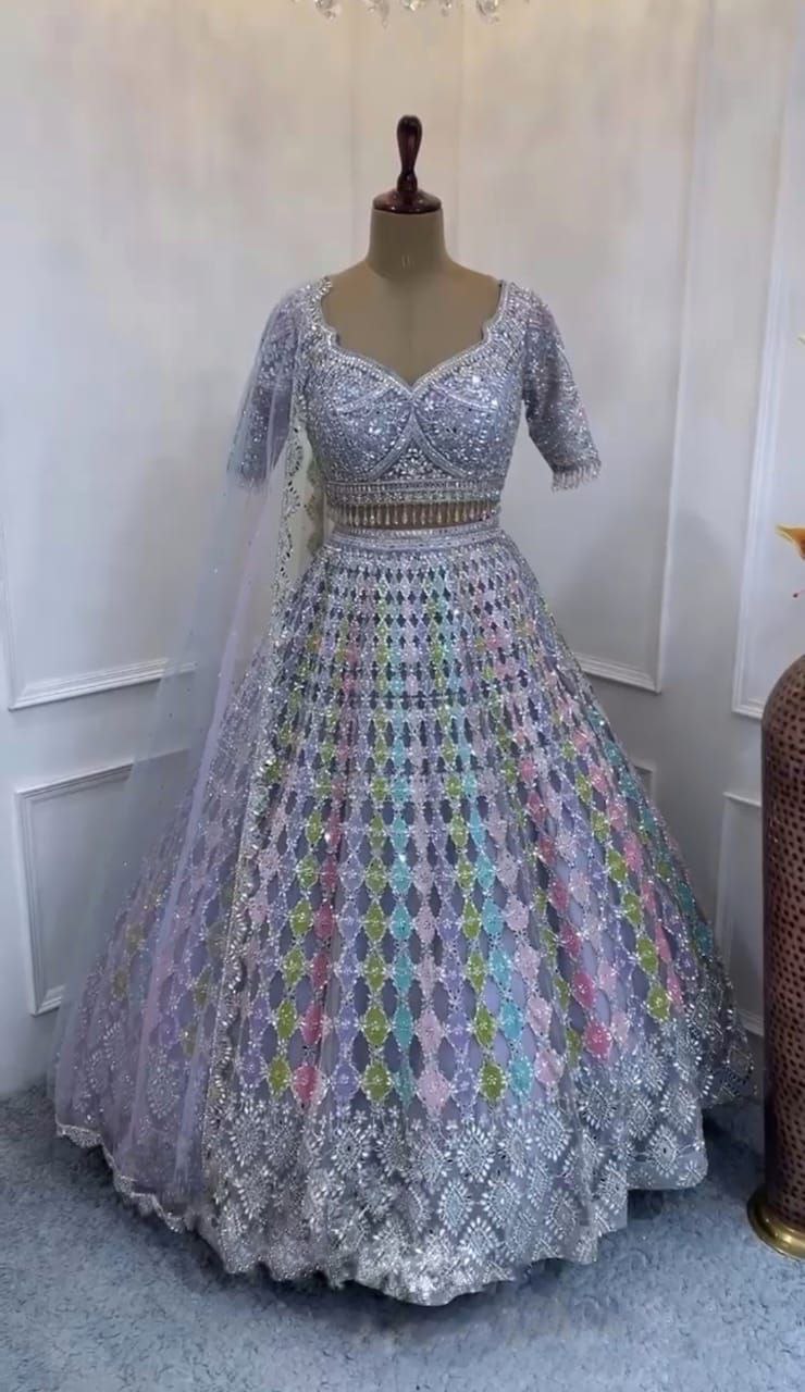 Lavender Net Real Mirror Work Lehenga Choli