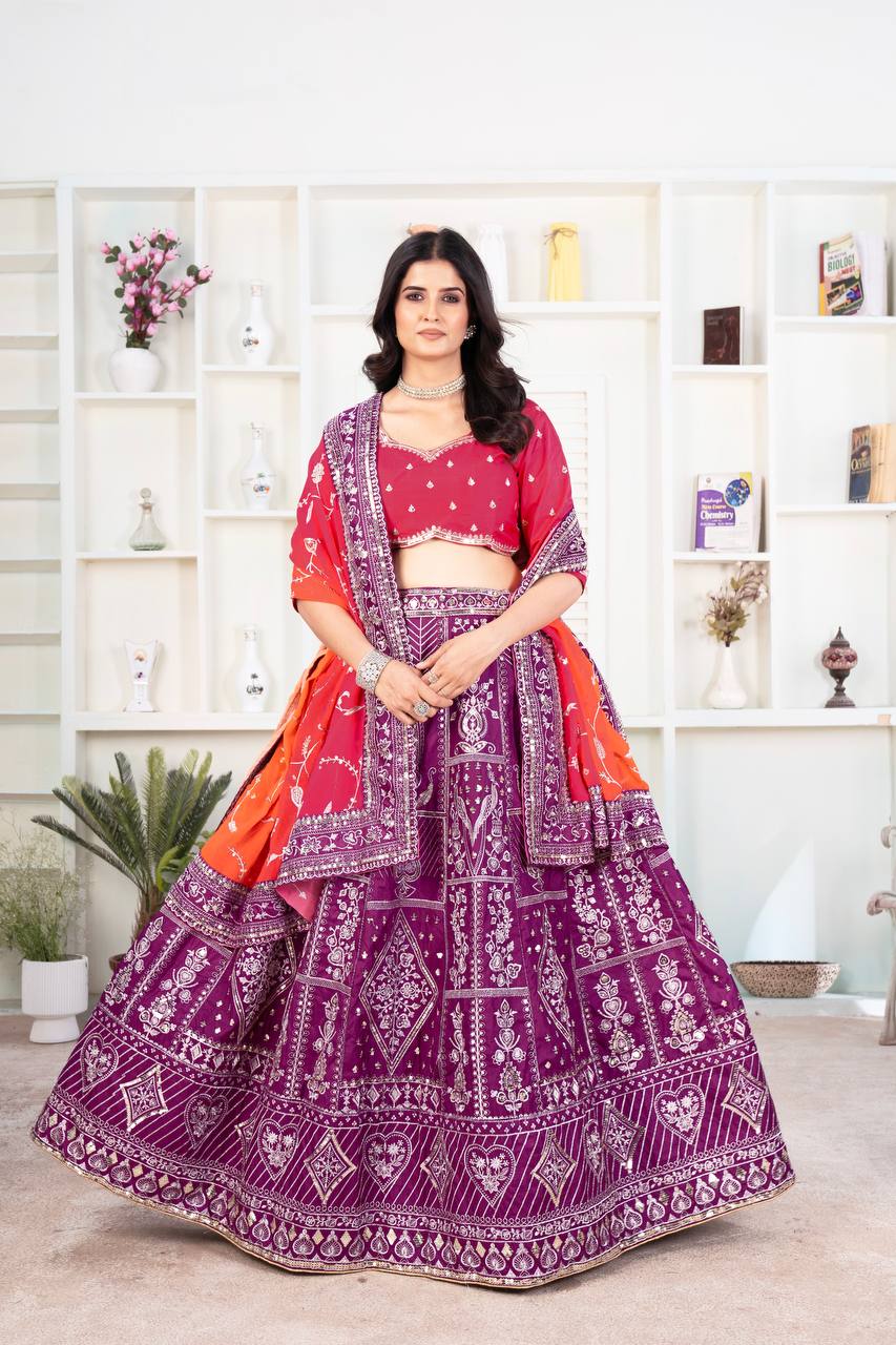 Wine Color Jalpari Silk Embroidered Lehenga Choli