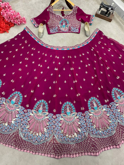 Wedding Wear Wine Georgette Sequence Lehenga Choli