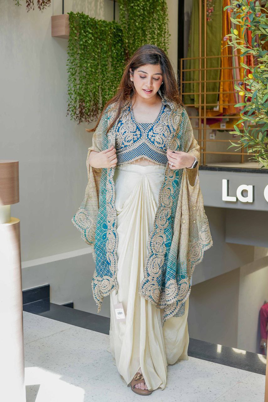 Ready to Wear Chinon Silk Multi Thread Work Indo Western Drape Saree