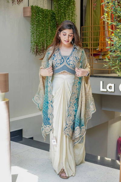 Ready to Wear Chinon Silk Multi Thread Work Indo Western Drape Saree