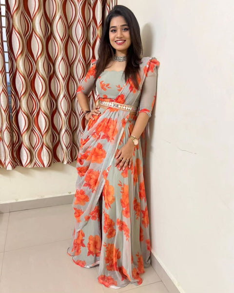 Grey Color Ready to wear Georgette Digital Printed Lehenga Saree
