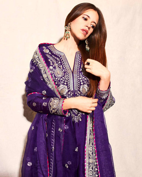 Purple Color Chinon Silk Sequence Work Sharara Suit