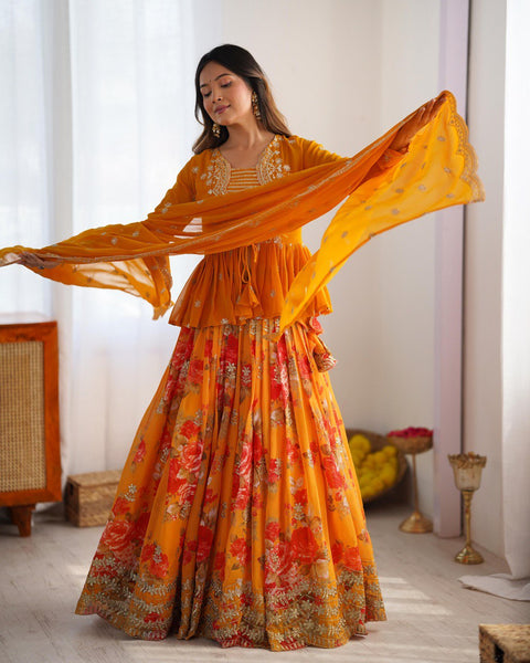 Orange Color Georgette Sequence Koti Lehenga Choli