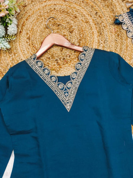 Trendy Rama Satin Embroidery Salwar Suit