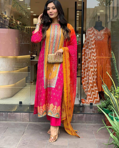 Pink Color Satin Stone Work Bandhani Printed Salwar Suit