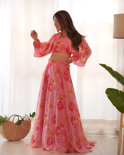 Pink Color Full Stitched Printed Organza Lehenga Choli