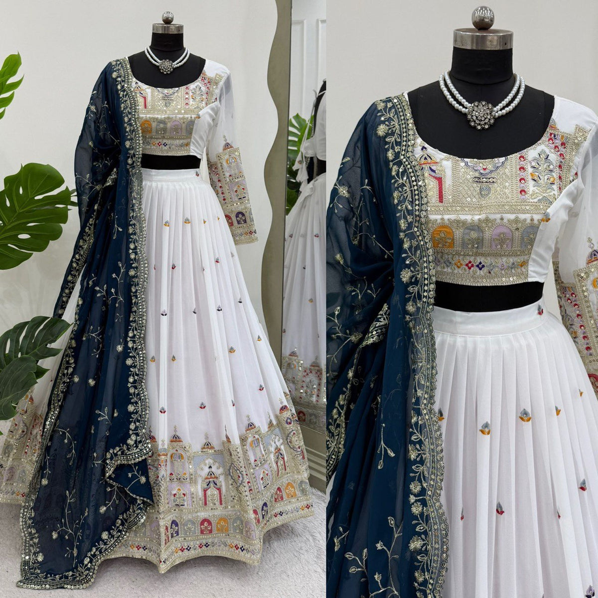 White Color Faux Georgette With Sequnce Work Lehenga Choli