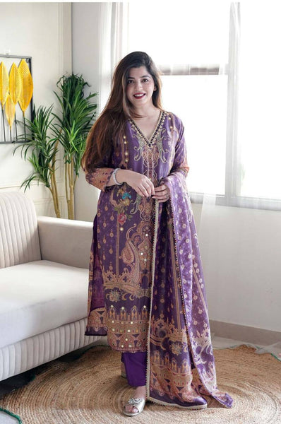 Purple Color Satin Printed Mirror Salwar Suit