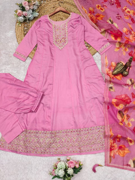 Pastel Pink Color Roman Silk Embroidery Salwar Suit