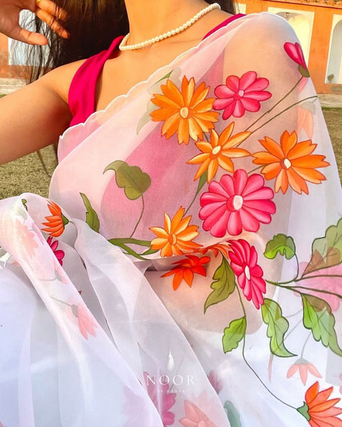 White Color Organza Silk Printed Saree Blouse