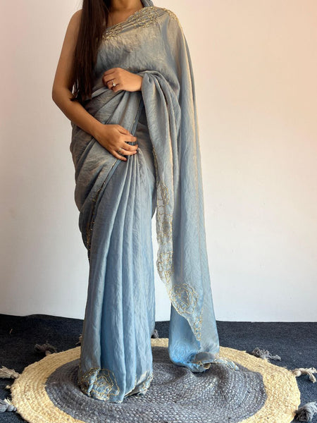 Party Wear Space Silk Cut Work Saree Blouse