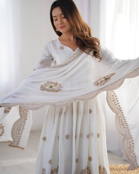 White Color Chinon Silk Sequence Work Salwar Suit
