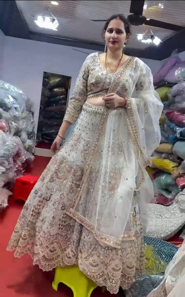 Cream Color Soft Net Coding Sequence Lehenga Choli