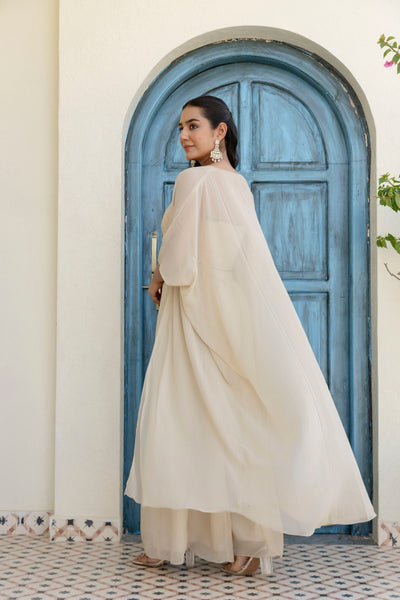 Off White Color Georgette Gotta Patti Plazo Top Shrug