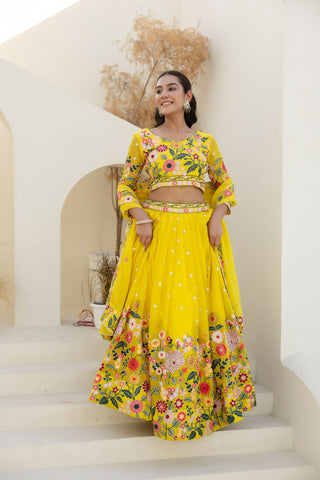 Wedding Wear Yellow Color Organza Sequence Lehenga Choli
