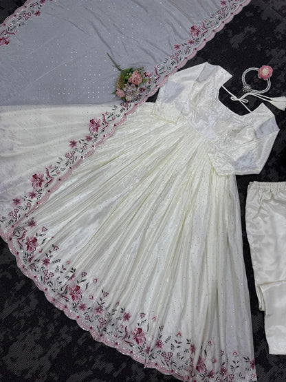 White Color Chinon Silk Top Pent Dupatta