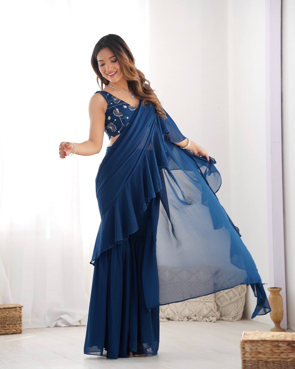 Latest Blue Color Georgette Sharara Saree