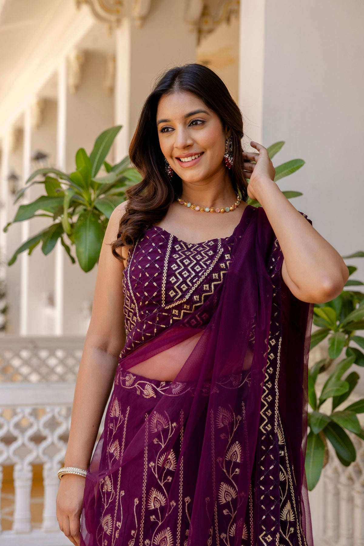 Wine Color Georgette Sequence Lehenga Choli