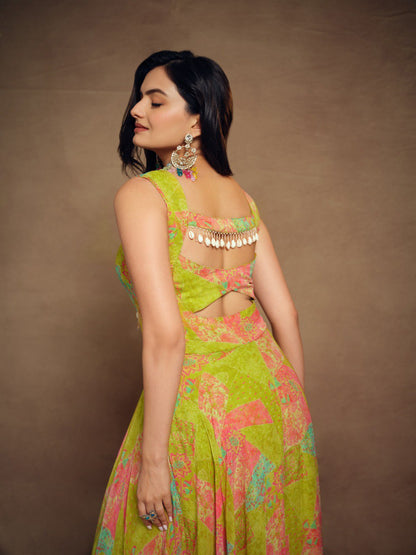Green Color Georgette Digital Printed Gown