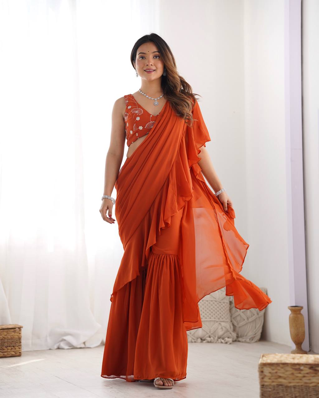Rust Color Georgette Sequence Ready to wear Plazo Saree