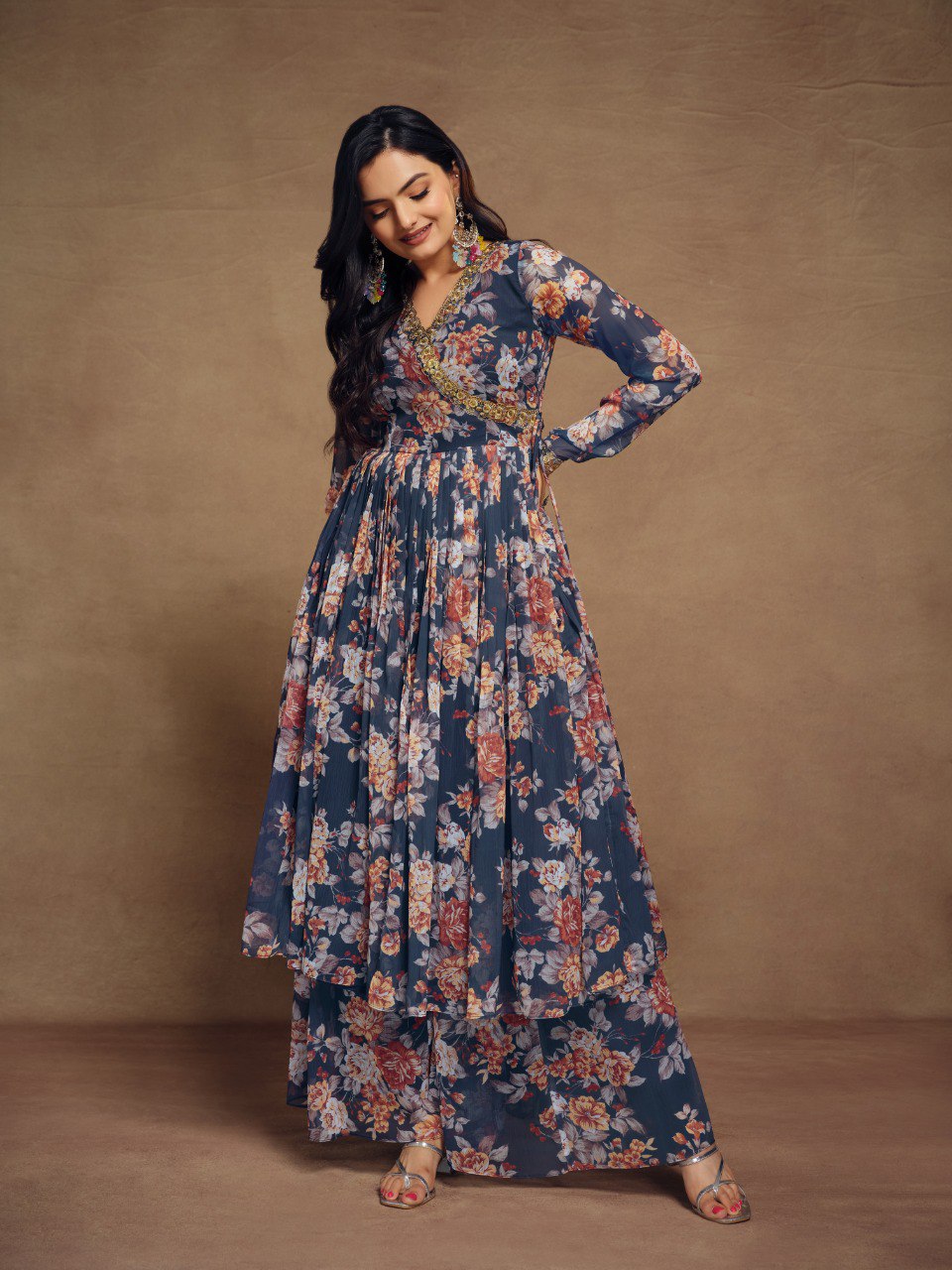 Blue Color Embroidered Chiffon Plazo Suit
