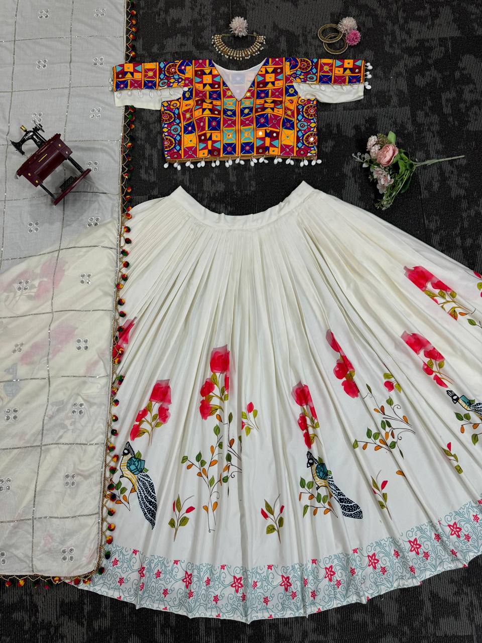 Off White Color Rayon Real Mirror Lehenga Choli
