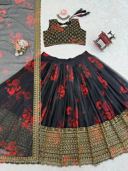 Black Color Organza Printed Sequence Lehenga Choli