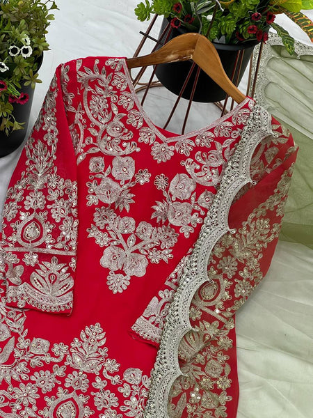 Red Color Georgette Embroidery Plazo Suit