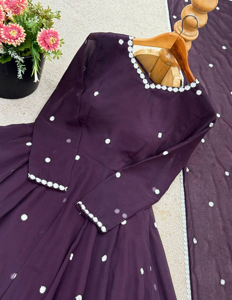 Wine Color Georgette Embroidery Plazo Suit